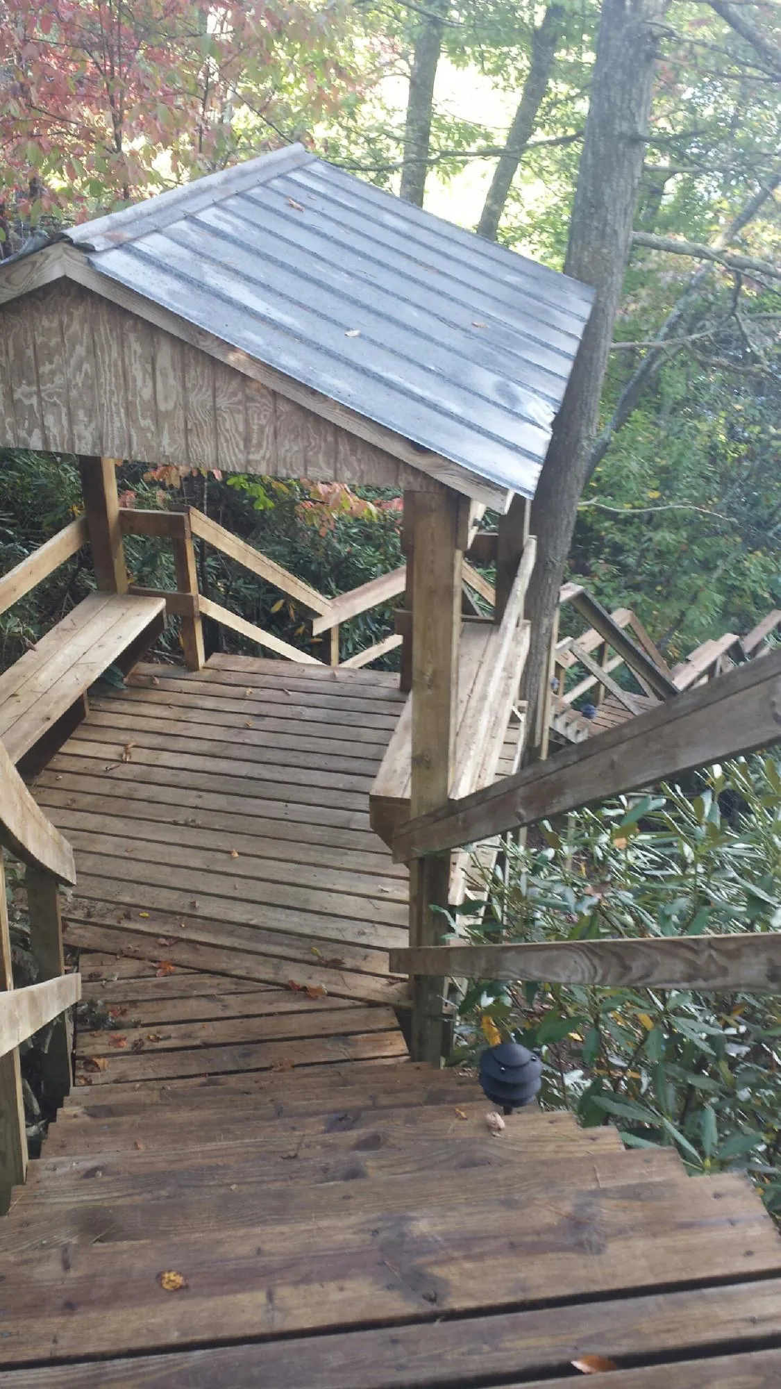 Metal roofed shelter over wooden steps on a wooded walkway — Skylight Repair & Installation work by our crew in La Fayette